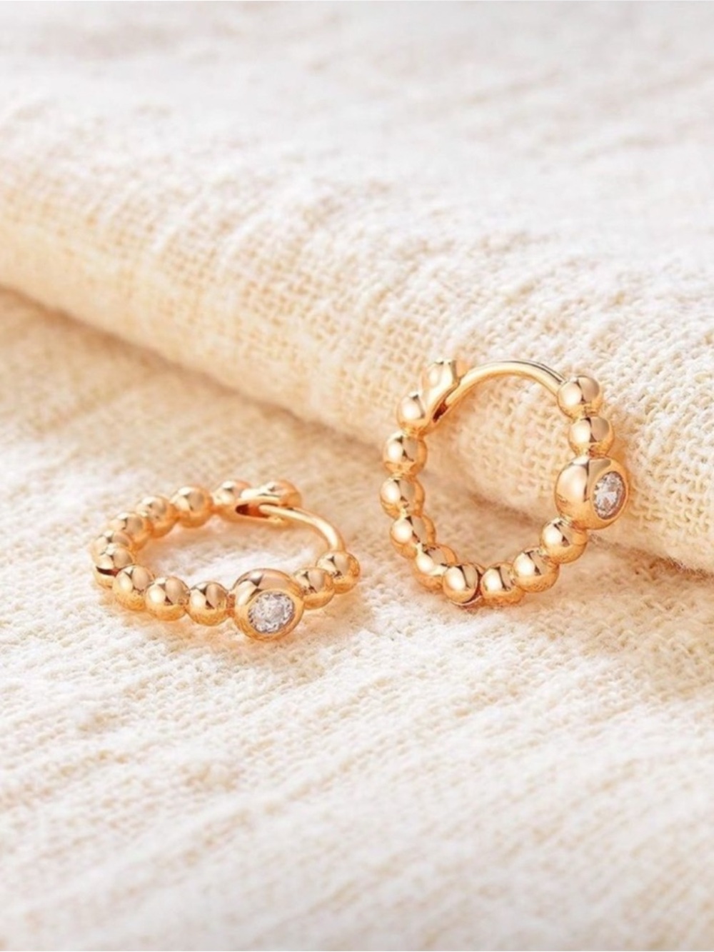 14k Gold Plated Cubic Zirconia Beaded Hoop Earrings